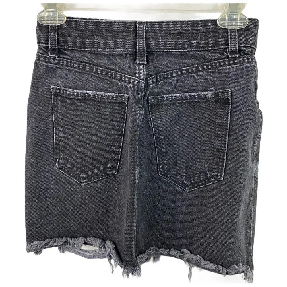 Carmar Black High Rise Slim Fit Distressed Floral Embroidered Denim Skirt